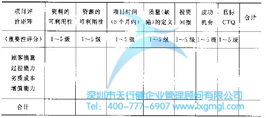 項目選擇矩陣表 六西格瑪項目的確定及項目的評估